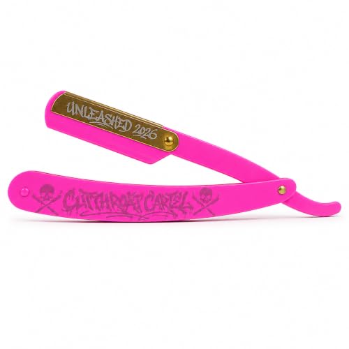 The pink razor open and straight on white, seen in profile.